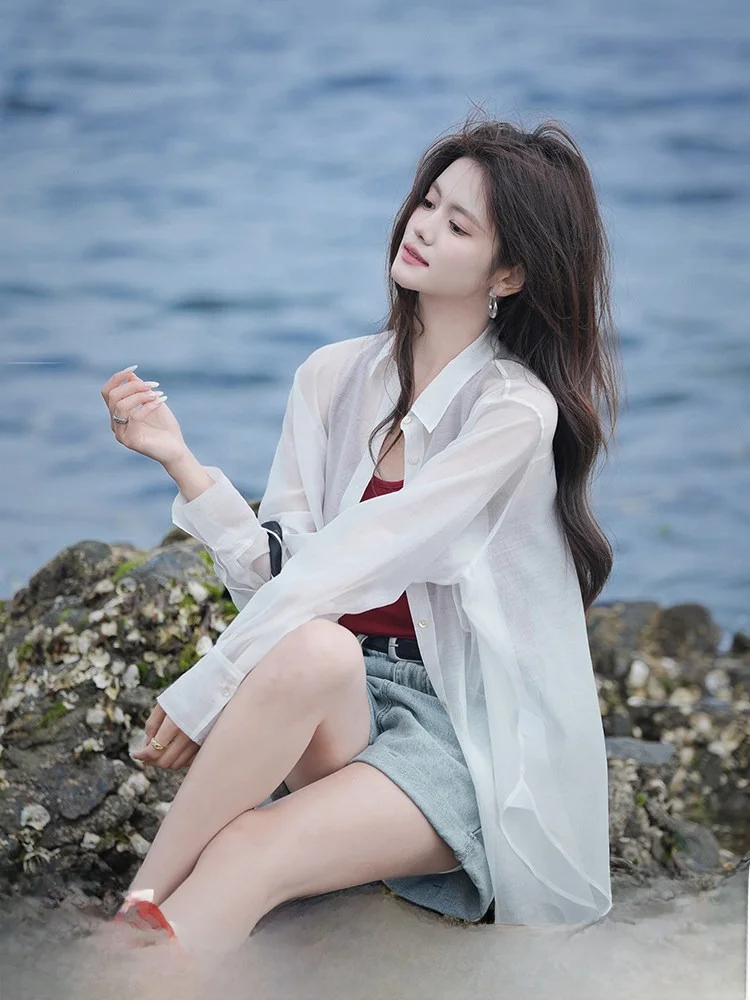 

Lerezel Свободные повседневные тонкие женские солнцезащитные научные летние новые пуговицы с дизайном Long Sve Pure Color