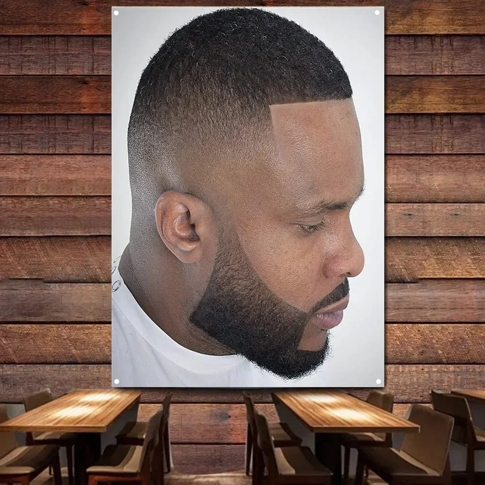 Buzz Cut with Beard Hairstyle Poster for Black Men - Haircut & Shave Wall Art Tapestry Barber Shop Wall Decor Banner & Flag