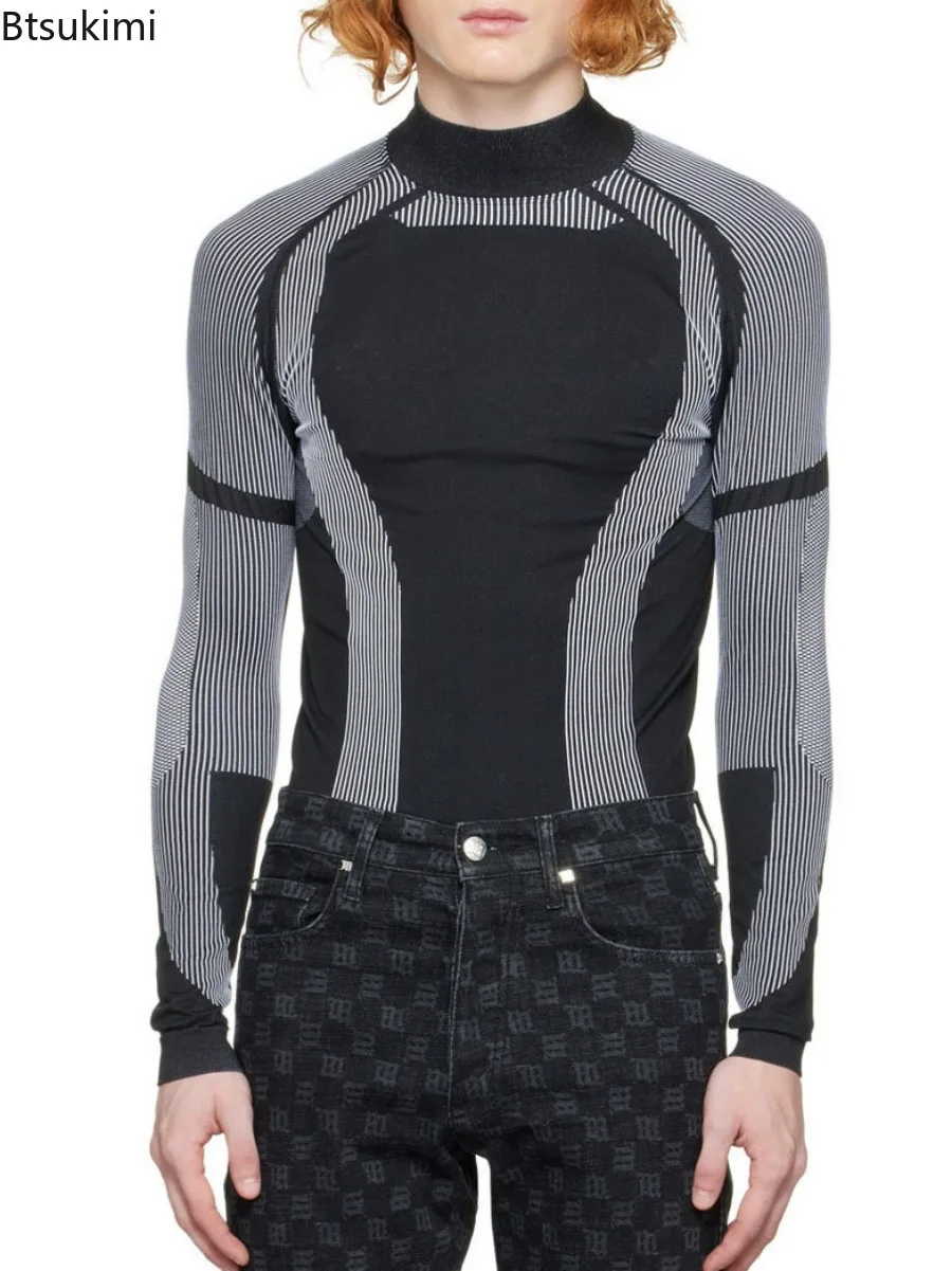 

2025 Fashion New Men's Long Sleeve Tight T-shirt Patchwork Design Trend Streetwear Stand Collar Slim Pullover Basic Tops for Men