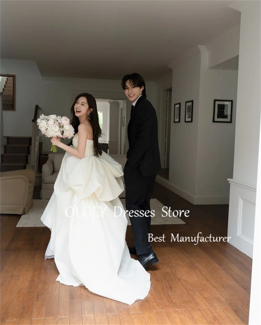 OLOEY Elegant Strapless Wedding Dress With Sleeves Korea Photoshoot Pure Ivory Bridal Gown Floor Length Tiered Pleat Party Dress