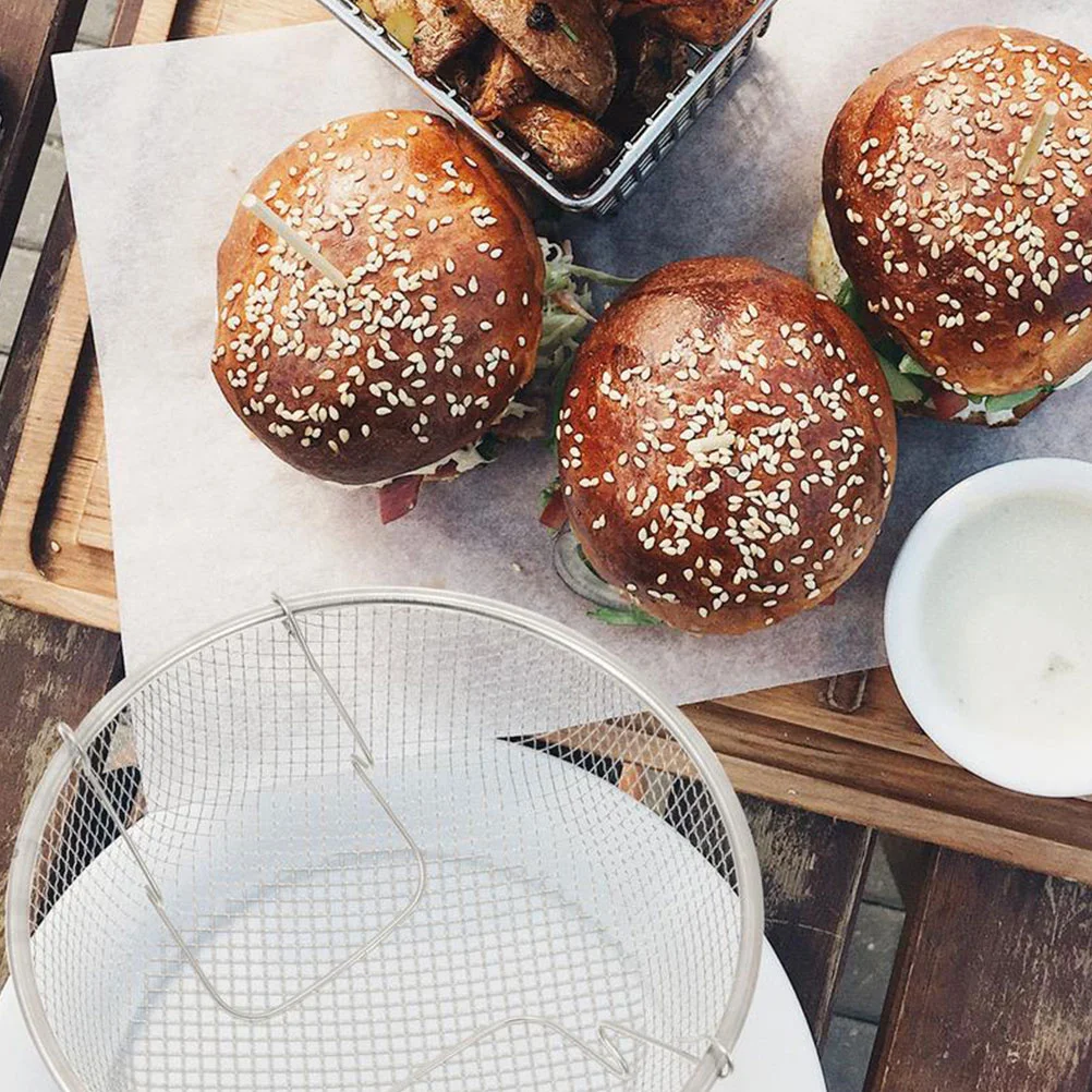 

2pcs Stainless Steel Frying Basket Round With Folding Handle Oil Drain Multi-Purpose Cooking Tool For Potatoes Filter Mesh Spoon