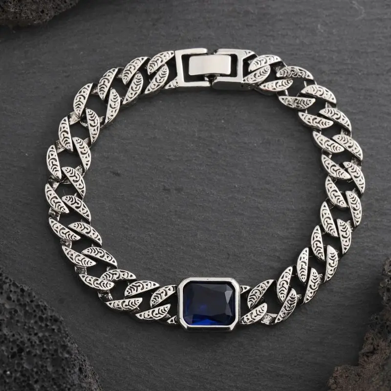 Blue Gemstone Tang Grass Pattern Cuban Chain Bracelet Men's Bracelet Fashion Trend Charm Jewelry