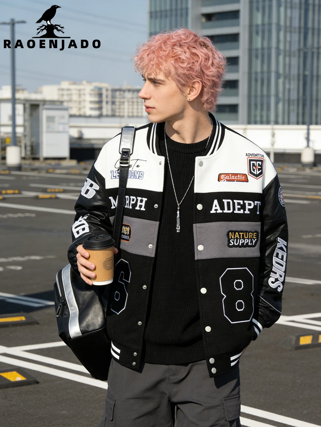 

Men's Streetwear Racing Jacket Daily Patchwork Baseball Coat Retro Varsity Outerwear with Faux Leather Sleeves for Daily Wear