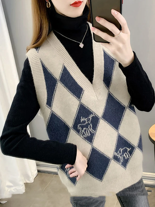 Spring Autumn 2026 V-Neck Loose Diamond Pattern Knitted Vest Women's Color Block Shoulder Ladies Fashion College Style Tank Top
