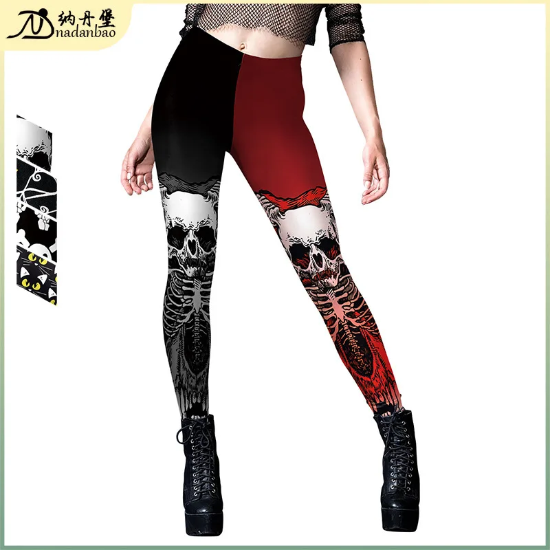 Halloween Cos Schedel Hoofd Patroon Digitale Print Streep Kleine Voet Yoga Broek Strakke Legging Dames