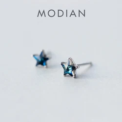 Modian New Arrive Real 925 Sterling Silver Stars Simple Cute Blue Crystal Stud Earrings For Women Brand Fine Silver Jewelry Gift