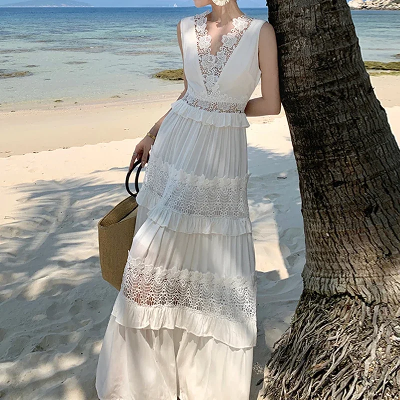 

White Elegance Long Dress Women Hollow Out V-neck Vacation Evening Dresses Ladies Sleeveless Vintage Clothing Party