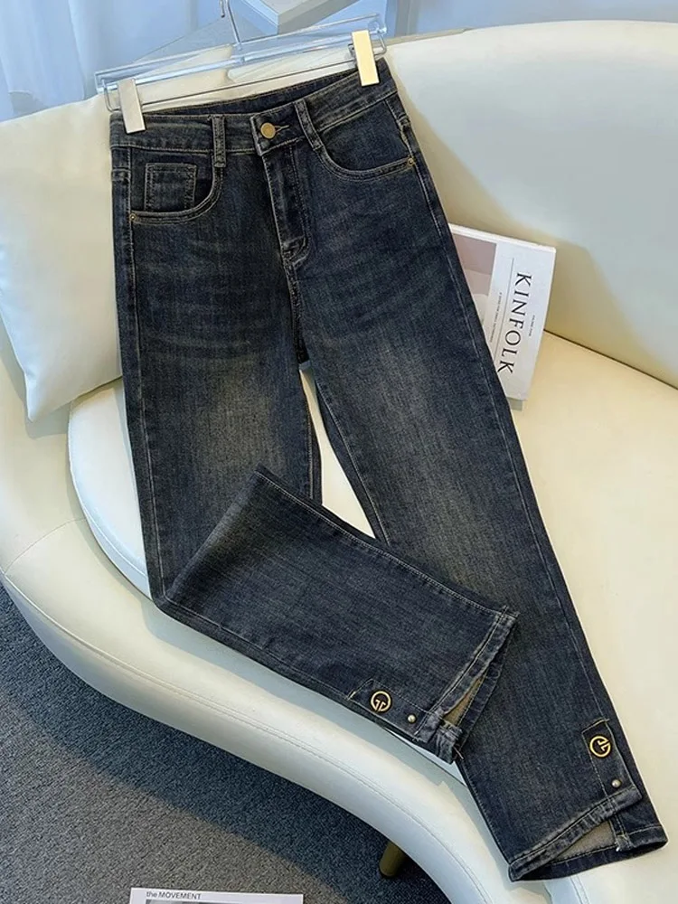 Damskie jeansy z wysokim stanem, dopasowane, z prostymi nogawkami, nowe na wiosnę i lato, w kolorze cementowym, spodnie typu cigarette z rozcięciem, długość 7/8.