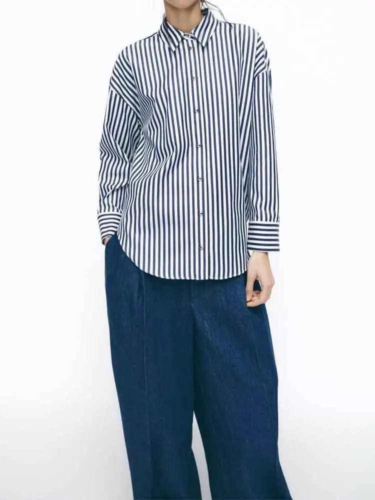 

New European and American style women's clothing, casual and fashionable, versatile striped long-sleeved lapel shirt