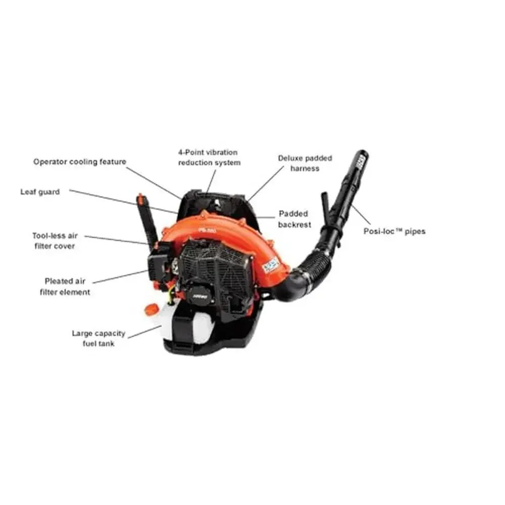 Backpack Blower 58.2Cc Hip Mount Throttle Padded Backrest Shoulder Straps Metal Wear Ring Posi-Loc Pipe Connectors Vented Back