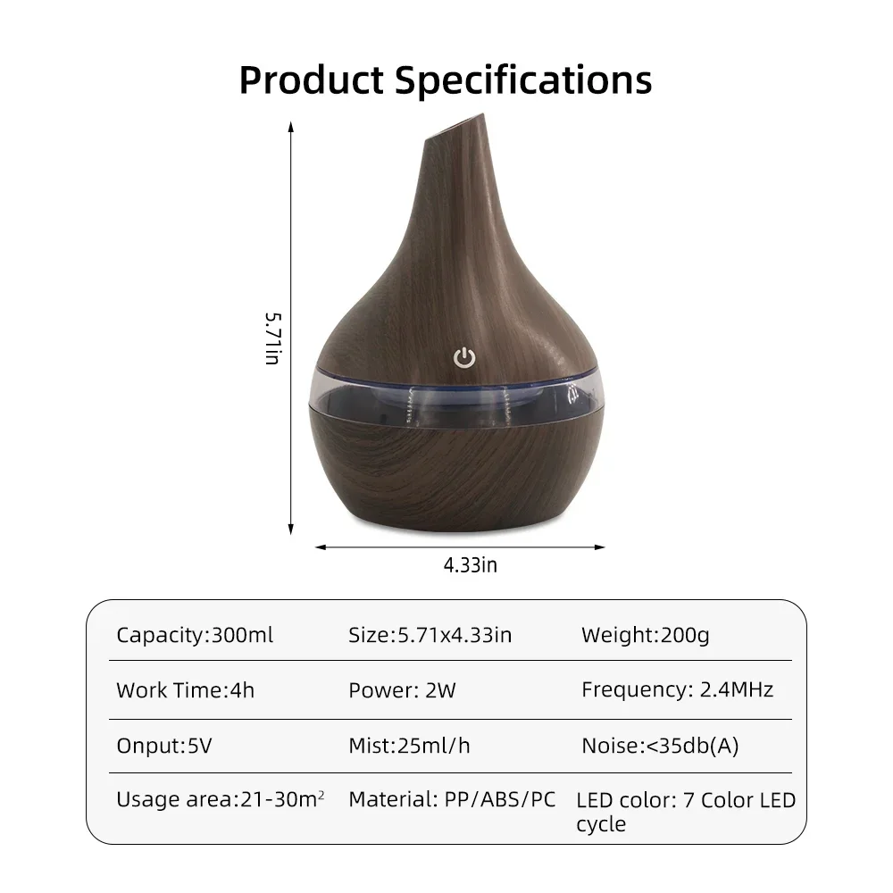 300 ml houtnerf etherische olie diffuser USB-luchtbevochtiger, automatische uitschakeling, stil, BPA-vrij, 2 oliën