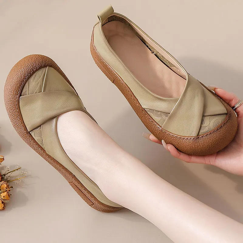 

New Cowhide Leather Ballet Flats Women's Slip On Dress Flat Shoes Mom Comfortable Driving Loafers Woman Concise Luxury Moccasins