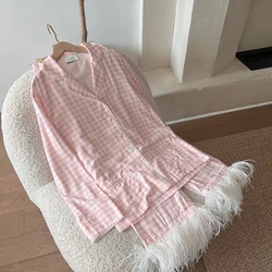 Long Sleeved Ostrich Feather Pants Two Piece Set Pajamas for Women Luxury Home Clothes Pink Plaid Feather Pyjamas Party Wear New