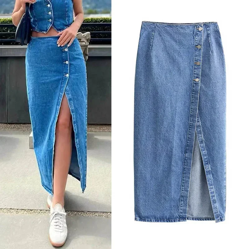 

Women Fashion With Button Denim Solid Front Slit Midi Skirt Vintage Mid Waist A-Line Female Chic Lady Skirts