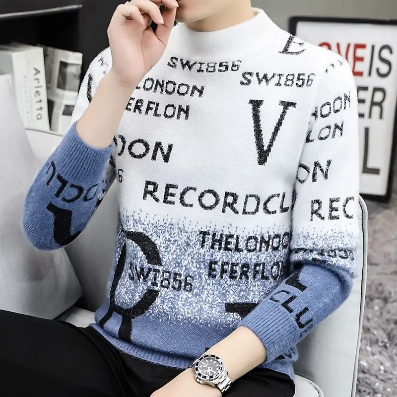 

Men's Thiened Woolen Sweater f High Collar Knitted Winter Clothes adual Color Hooded Casual Faion Soft Nylon Polyester