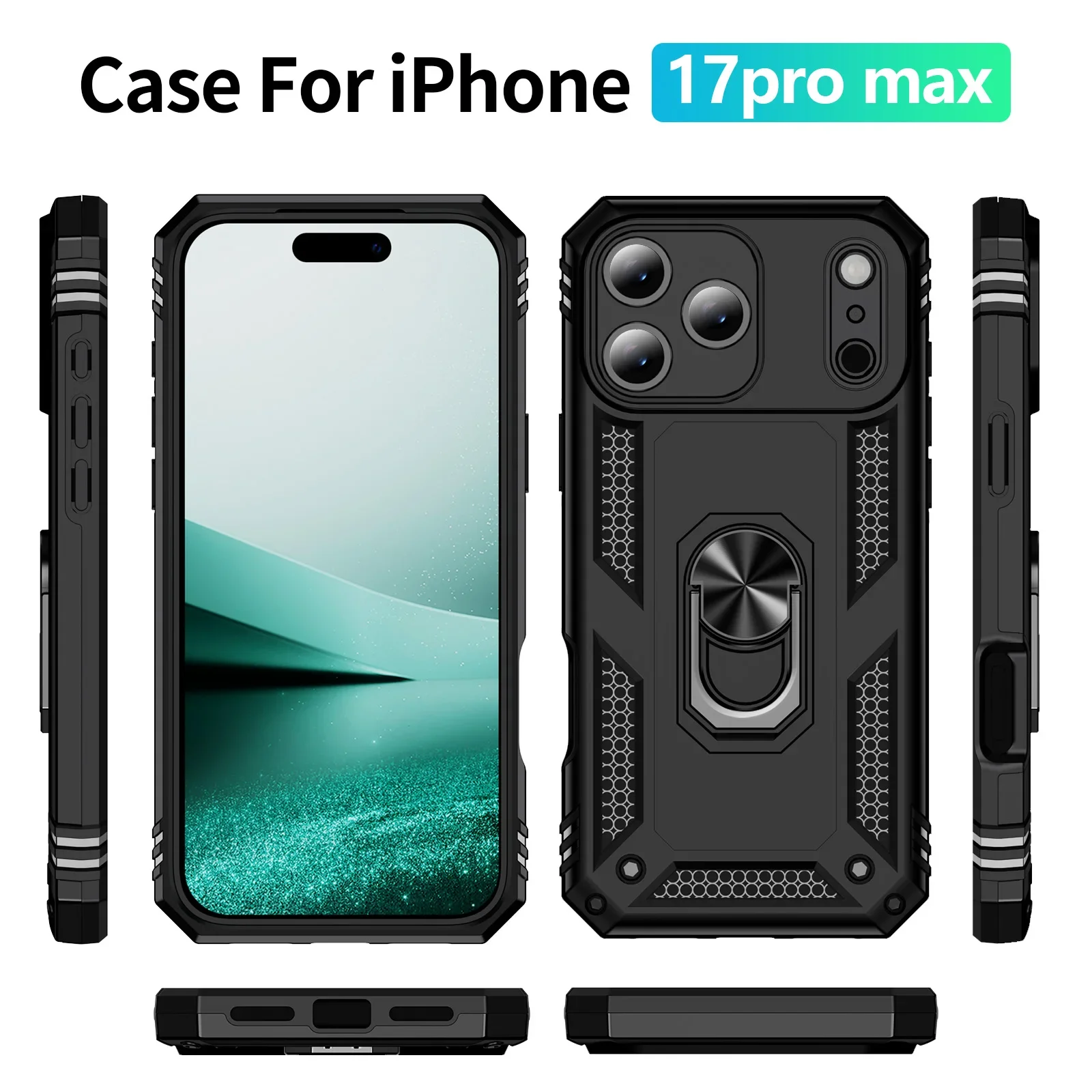 

For iPhone 17 16 15 14 13 12 11 XS Max XR Shockproof Phone Protective Case with Invisible Metal Bracket Armor Hybrid Ring Cover