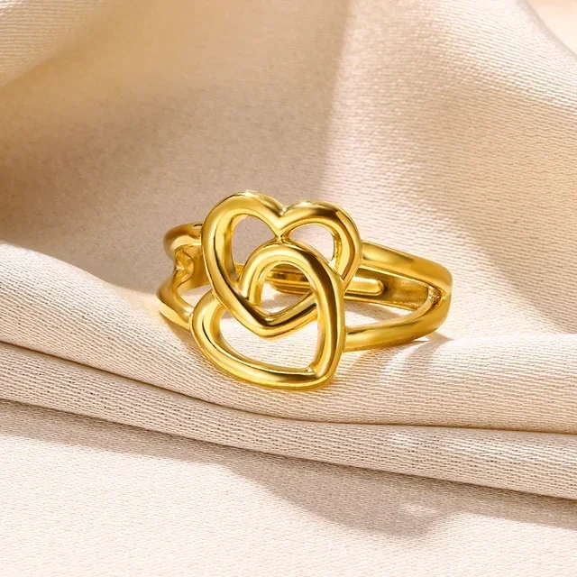 Stainless Steel Hollow Heart Open Rings For Women Gold Color Geometric Heart Aesthetic Wedding Ring Trendy Jewelry Accessories