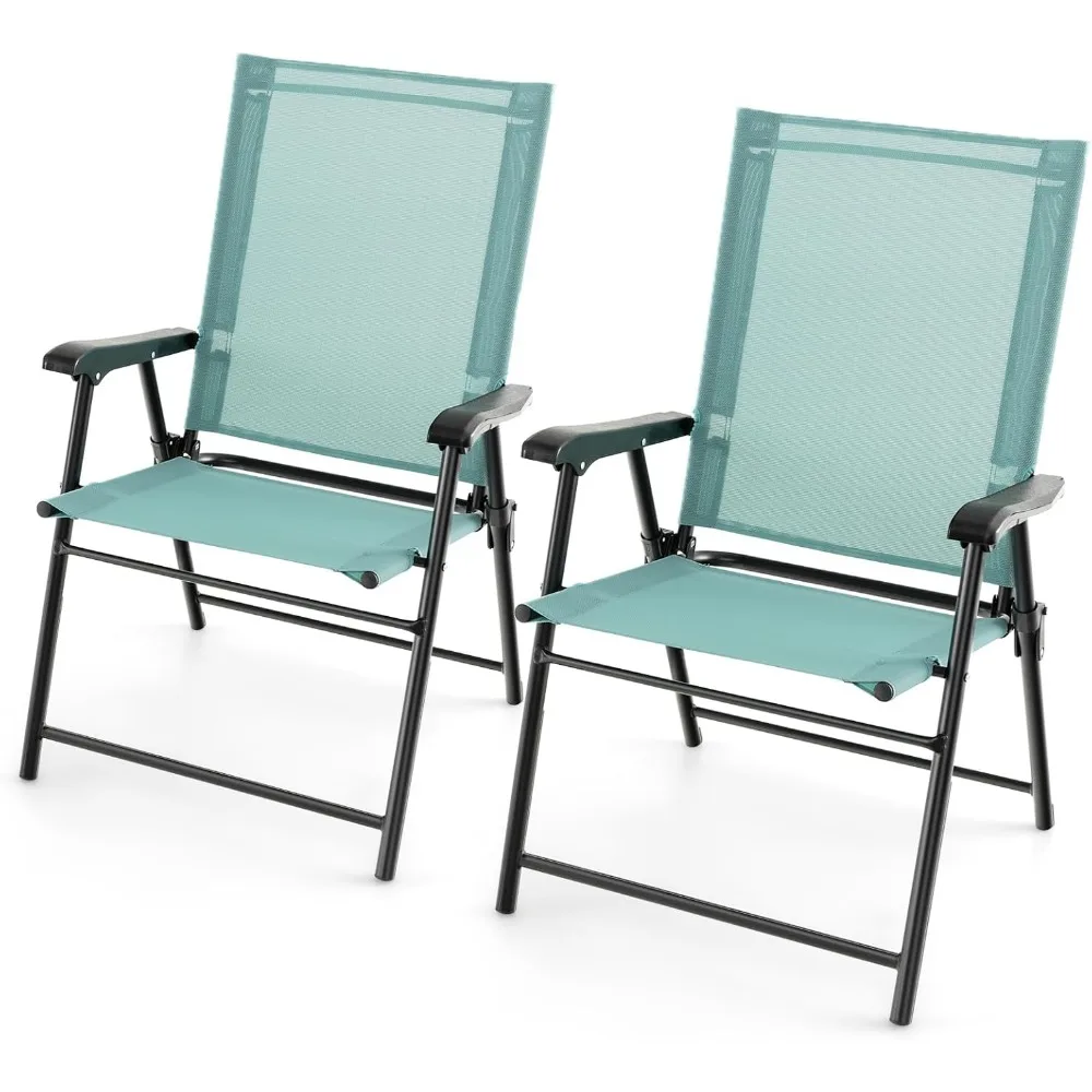 

Patio Folding Chairs Set of 2, Outdoor Sling Chairs with Breathable Fabric Back & Seat, Portable Dining Camping Chairs