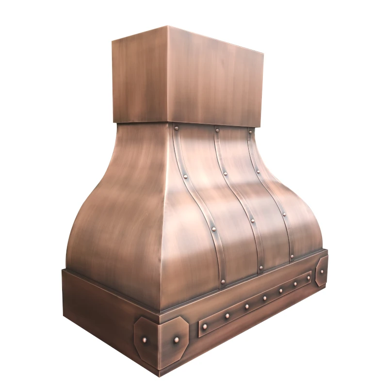 Handcrafted Curved Bell Shape Copper Range Hood with Rivets and Straps Custom Metal Kitchen Vent Hood for Farmhouse or Villa
