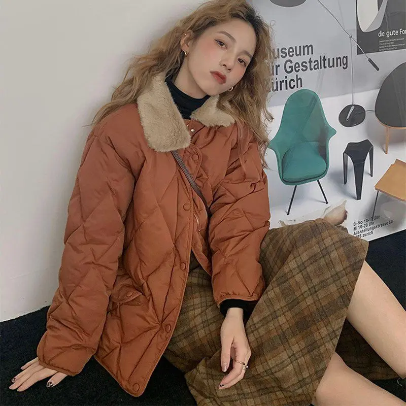 Loose Diamond Lattice Bread Clothing Women 2023 Fall and Winter Splicing Cotton Jacket Women Design Niche Cotton Parkas Female