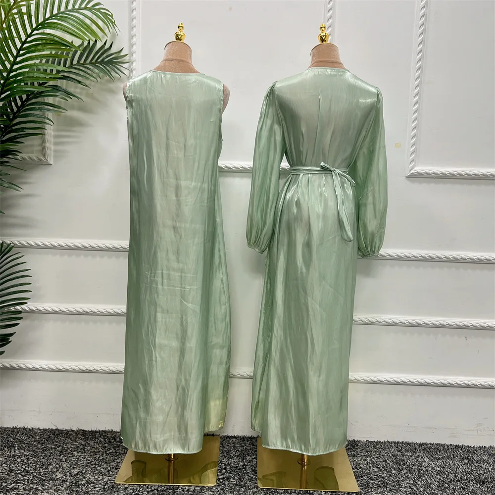 Morocco Caftan Elegant Muslim Abaya Women Dress Set 2 Pieces Dubai Satin Kimono Cardigan Robe Beads Long Sleeve Abays Outwear