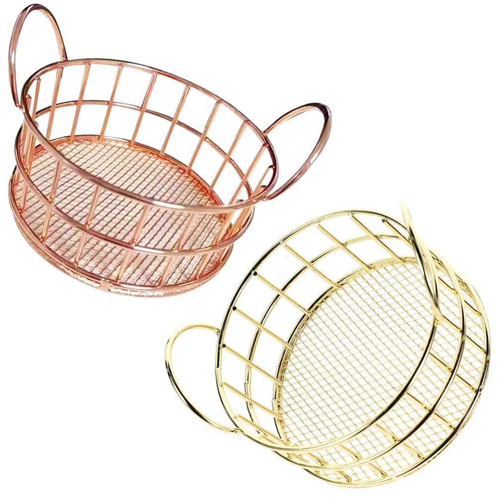 

2pcs Cat Ears Storage Baskets Iron Wire Golden Rose Color Desk Bedroom Bathroom Room Fruit Holder