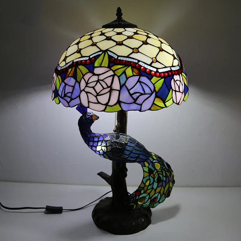 European Tiffany Peacock Table Lamp Foyer Parlor Hall Restaurant Large Art Flowers Luxury Glass Desk Wedding Decor Light L62101