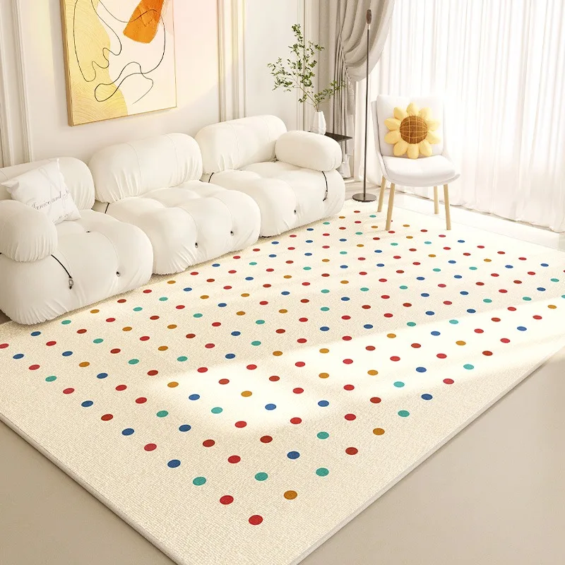 Beige Cream Style Living Room Carpet Colorful Polka Dot Pattern Carpet Green Plaid Decoration Home Rug Comfortable Easy Care Rug