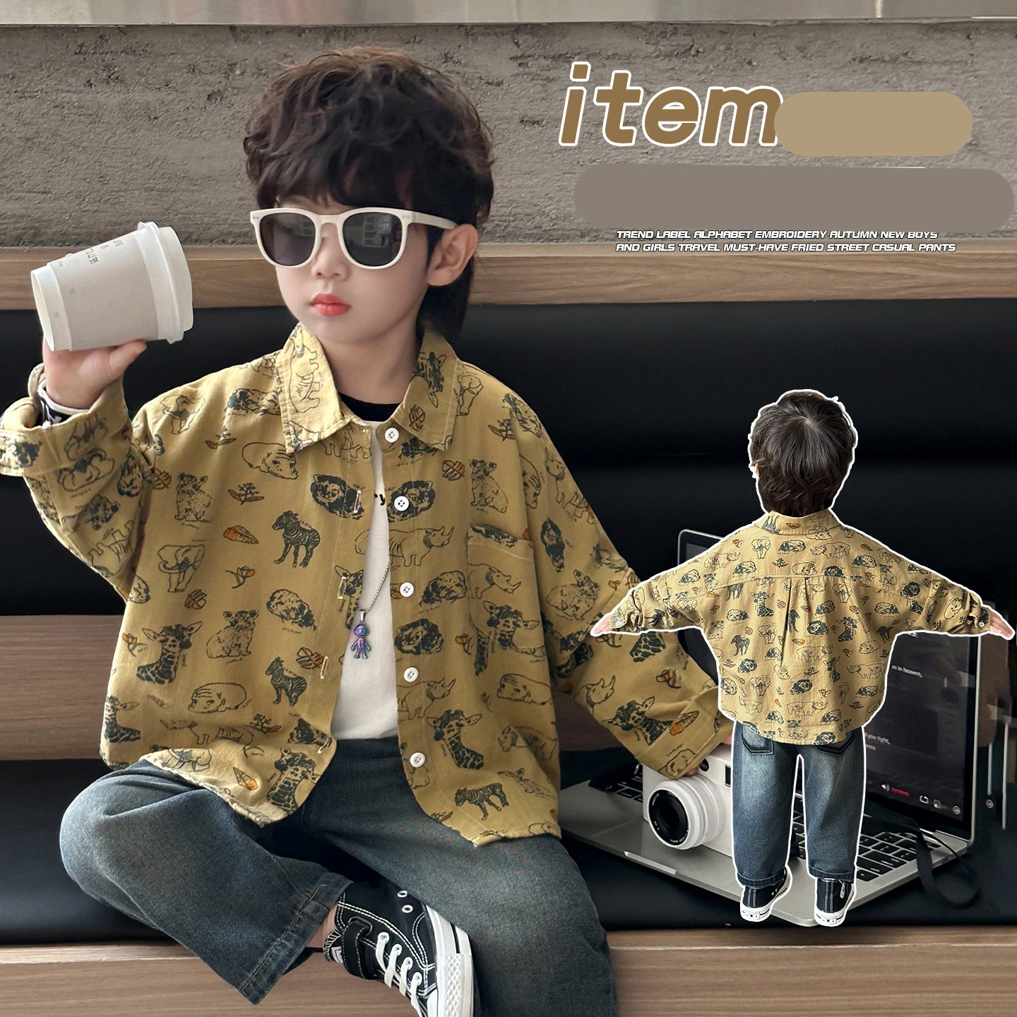 

New Autumn Baby Children Long Sleeve Animal Print Shirt for Boys Khaki Color Spring Blouse Toddler Kids Casual Clothing 2-11Y