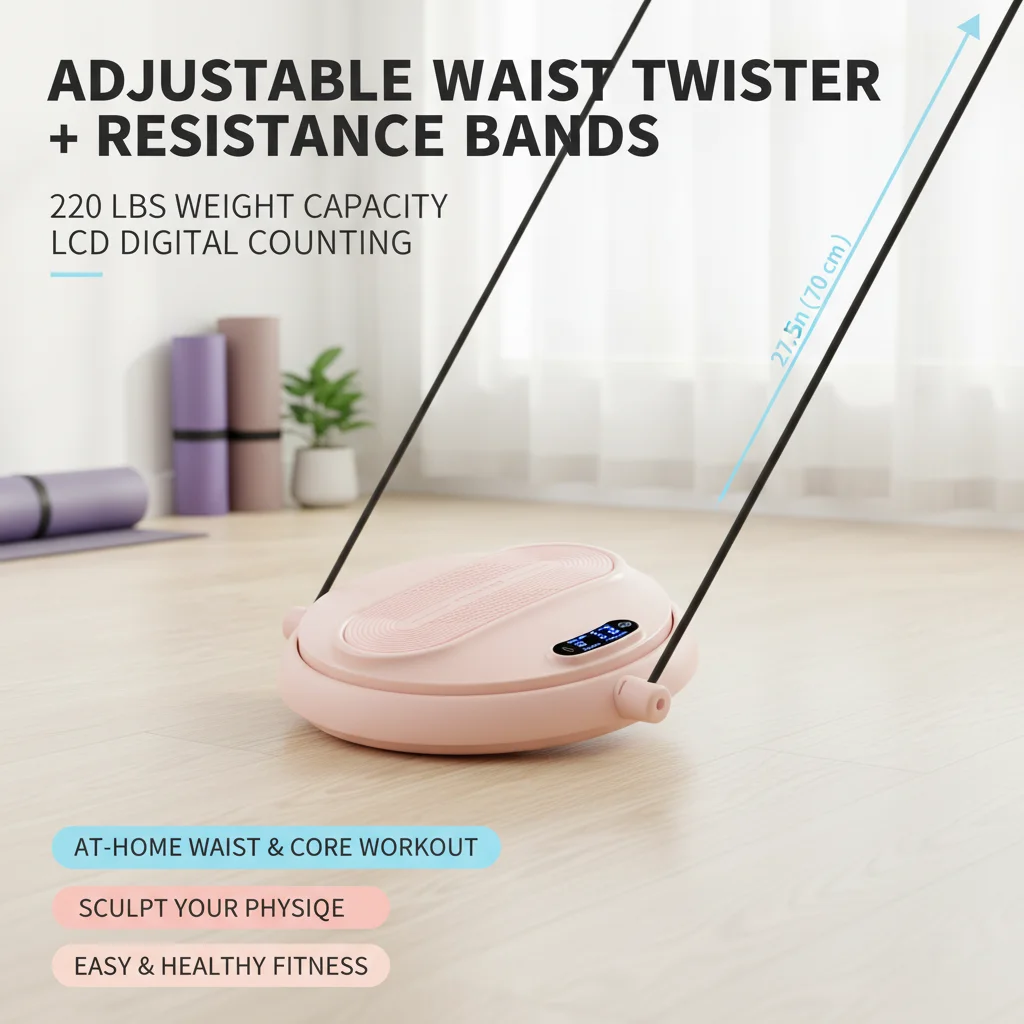 Ab Twister Board mit Widerstandsbändern, Taillendreh-Scheibe mit 220 lbs Tragkraft, verstellbar 21,6-27,5 Zoll, LCD-Zähler, Pink