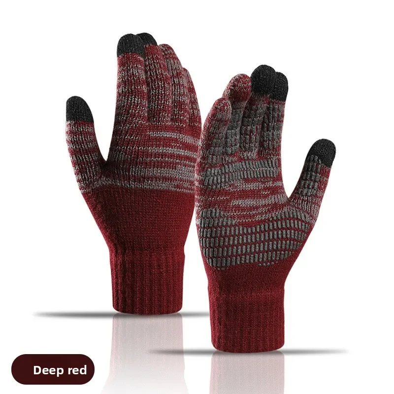 Men Knit Gloves Fleece Lining Color Block Print Touchscreen Warm Windproof Thick Cycling Winter Gloves for Outdoor Sports