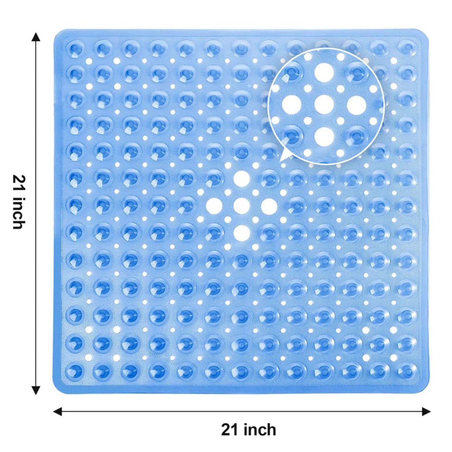 Non-Slip Shower Mat 21x21 inch Square | Firm Grip, Anti-Slip with Suction Cups and Drain Hole | Clear Blue | Bathroom Bath Tub M