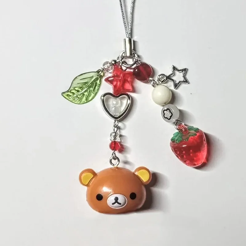 Korean Cute Strawberry Bear Heart Beaded Phone Chain Charm Lanyard For iPhone Samsung Universal Anti-Loss Hanging Rope Jewelry