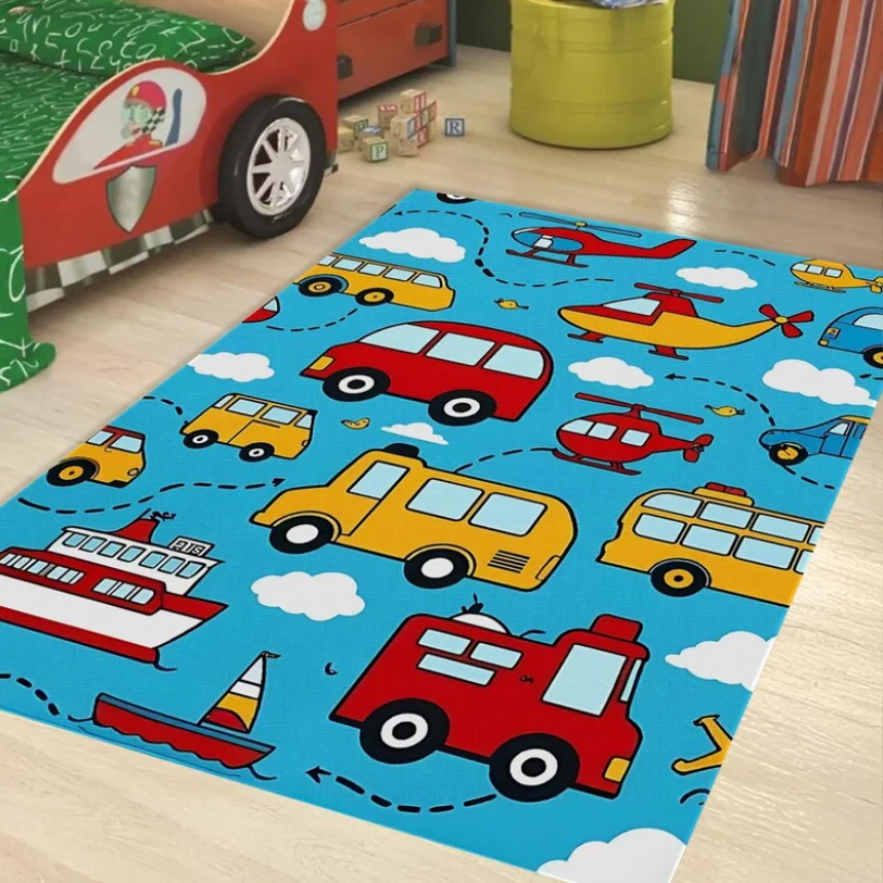 Transportation Kids Rug Playroom Carpet with Cars Buses Helicopters Home Decoration Carpet