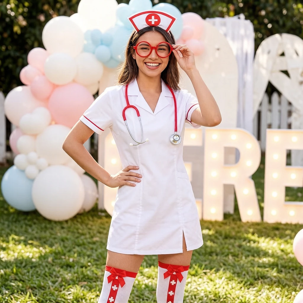 4Pcs Dark Nurse Costume Set, realistic medical themed outfit with atmospheric design, perfect for Halloween party cosplay