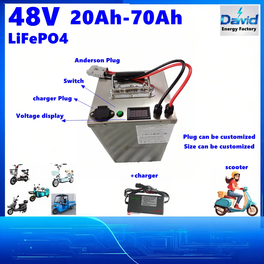 

Скутер 48 В 20 Ач 30 Ач 35 Ач 40 Ач 45 Ач 50 Ач 60 Ач 70 Ач LiFePO4 Литиевая батарея для тележки для гольфа трехколесный велосипед двухколесный + зарядное устройство