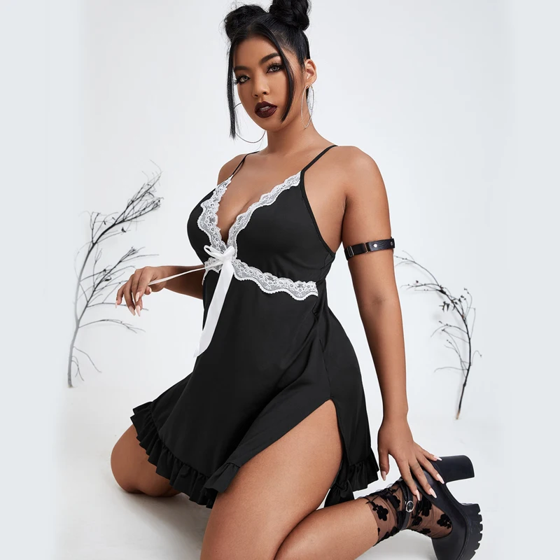 Sexy Women's Nightgown with Deep V-Neck, Lace Seductive Slit, and Short Straps for Home Wear
