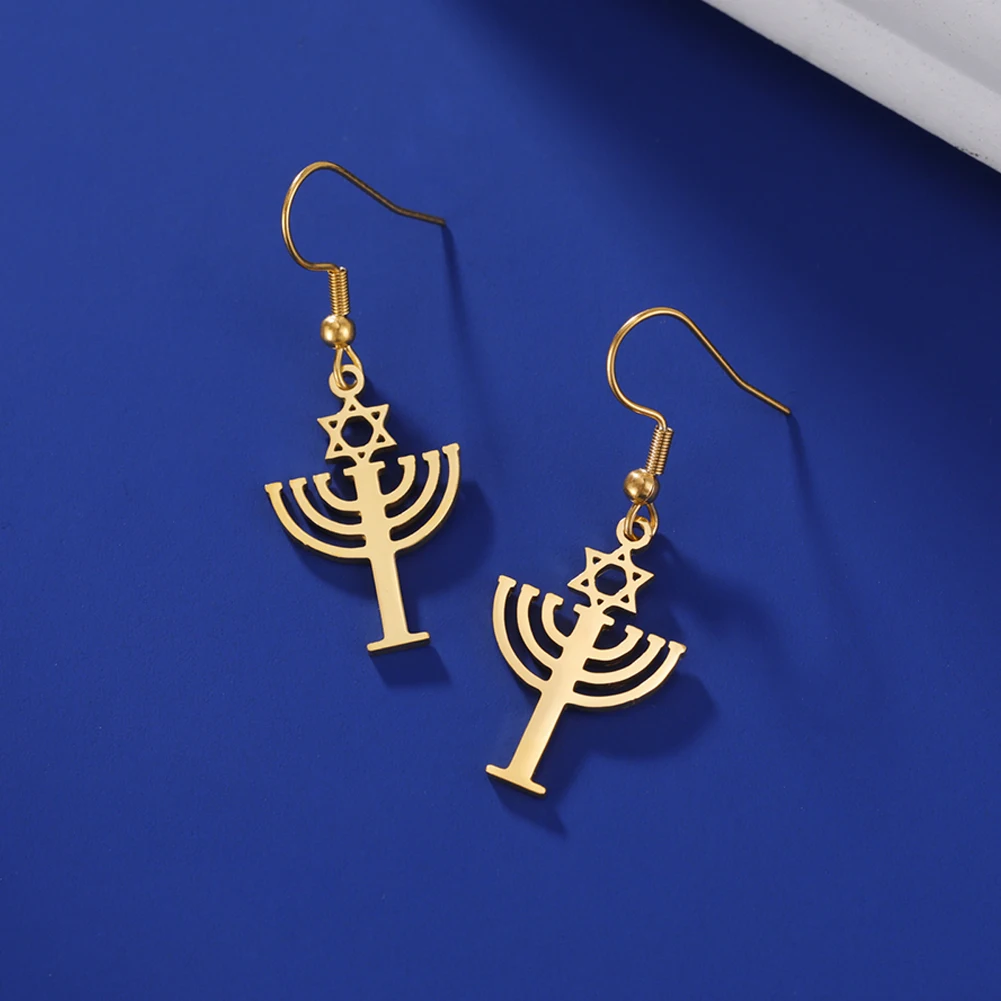 Lucktune Judaism Menorah Drop Earrings Stainless Steel Star Lampstand Sacred Amulet Earrings for Women 2025 Vintage Jewelry Gift