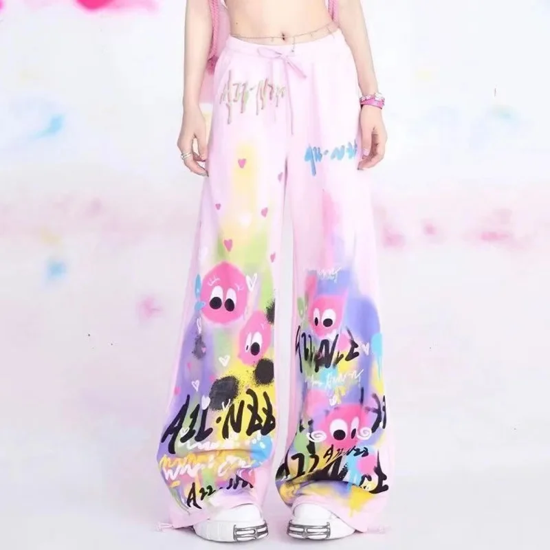 High Street Rainbow Graffiti Wide Leg Pants Summer Women's Handsome bf Style Loose Casual Pants Slim Sweeping Floor Pants Guard