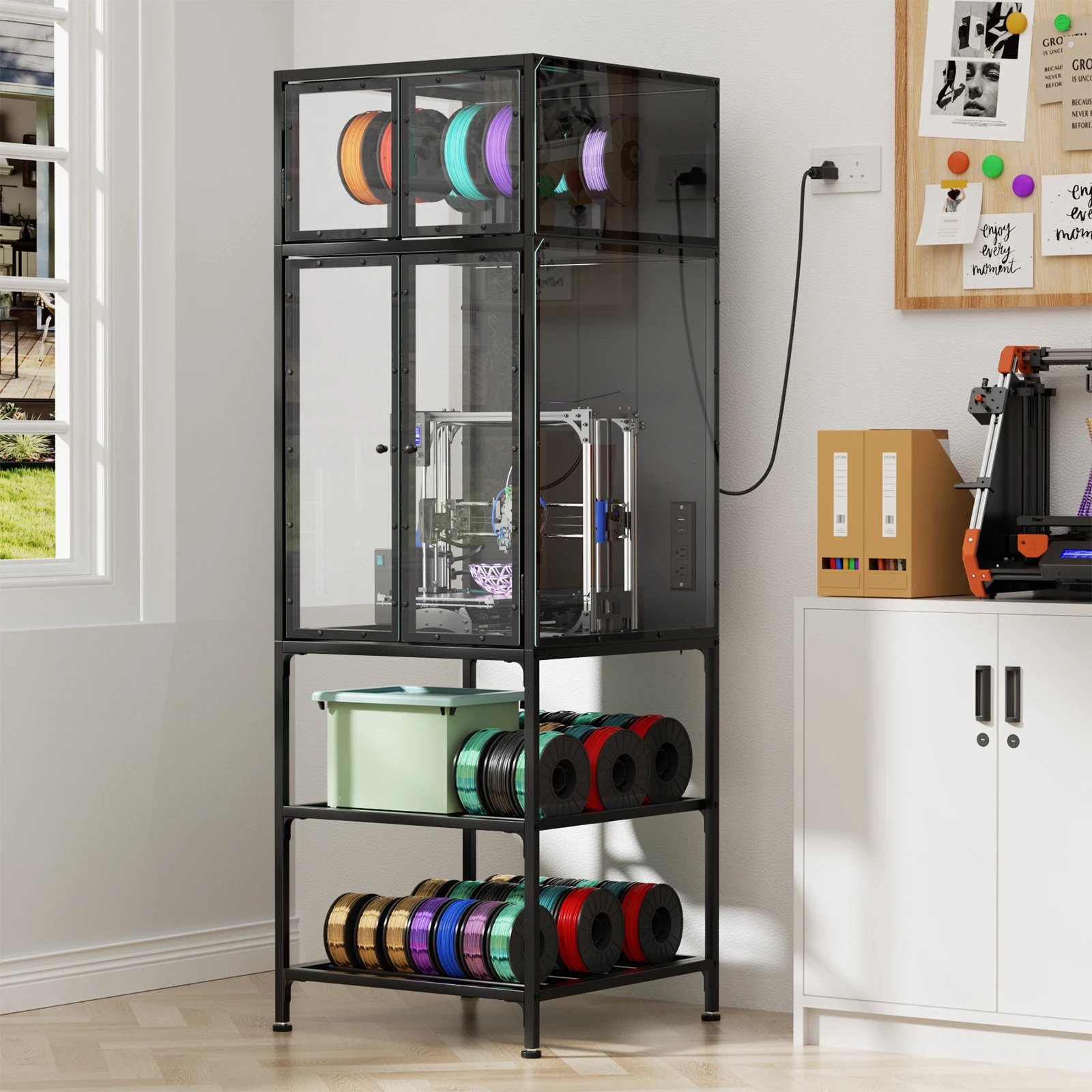 Armoire d'encastrement pour imprimante 3D avec étagère à filament à double paroi, support de bobine de filament en forme de T, conception insonorisante et anti-poussière, surface de travail de 59 po de large x 60 po de profondeur, capacité de charge de 63,5 kg, pour studio, bureau et stockage
