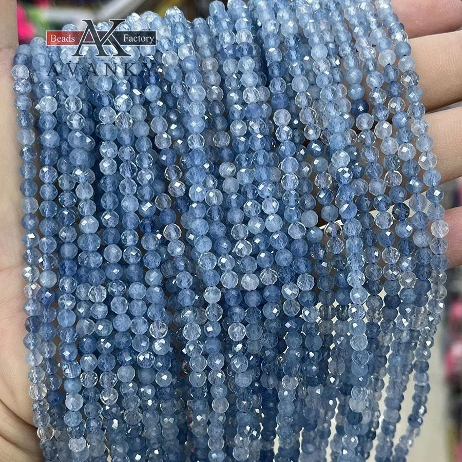 

4mm Natural Crystal Aquamarine Round Bead Section Faceted Shape Beads for Jewelry Making DIY Necklace Bracelet Accessory15''