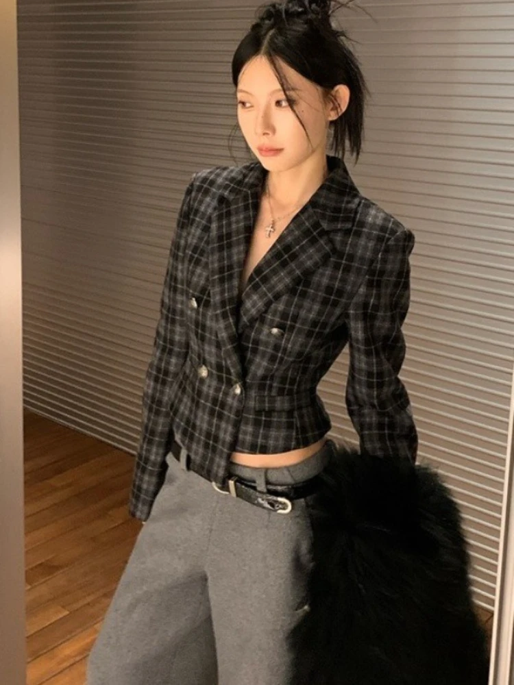 سترة نسائية قصيرة منقوشة من التويد - سترة صوف بأكمام طويلة على الطراز الفرنسي للخريف، تصميم ضيق للتخسيس