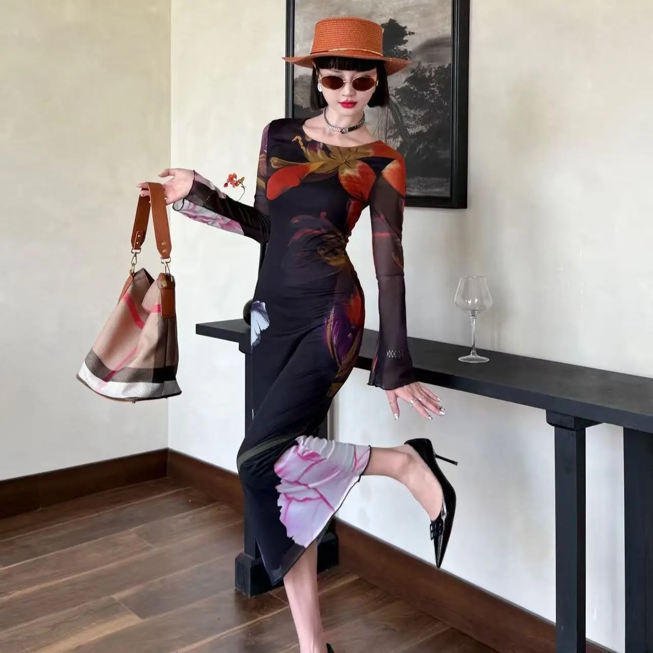 فساتين نسائية فستان موحد للخريف من الساتان واللؤلؤ مطوي ميدي مأدبة نمط فرنسي أنيق أنيق راقي رائع فني يومي #1