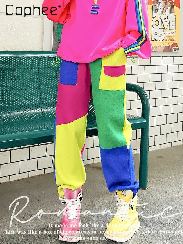 

Color Block Casual Pantswomen Autumn Winter New Style Contrast Color Square Trendy Loose Fit Sports Knit Sweatpants