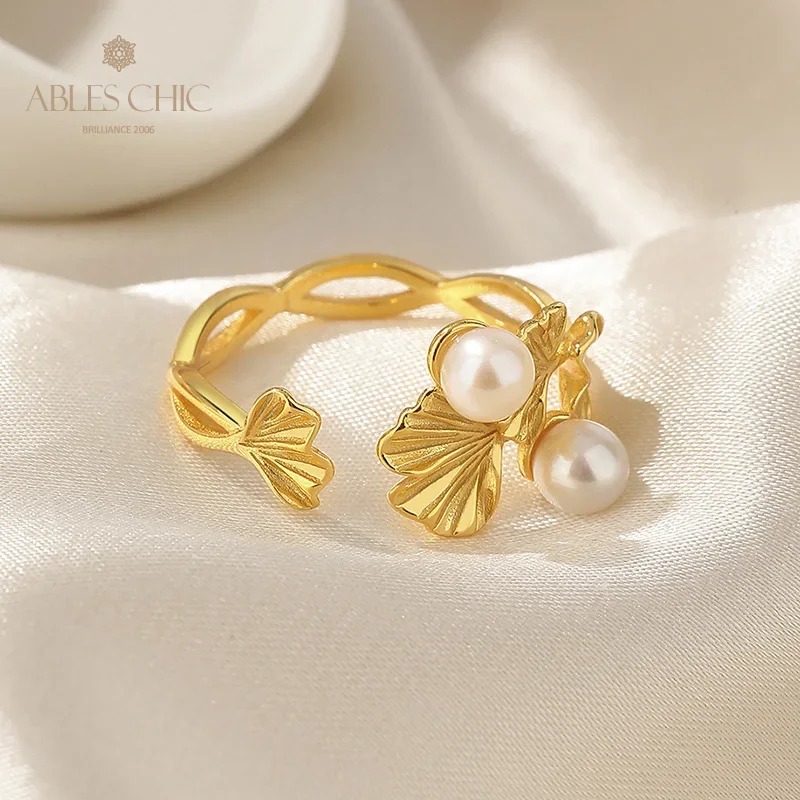 AC Freshwater Pearl 4-4.5mm Accent Ginkgo Leaf  Solid 925 Silver Floral Open Ring RN1000