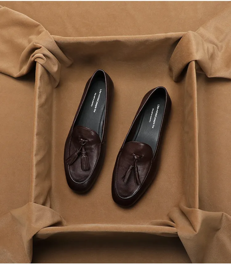 SHOEBOX Genuine Leather Flat Loafers for Women 2026 Spring Vintage Tassel Soft Leather Moccasin-Style Round-Toe British Style
