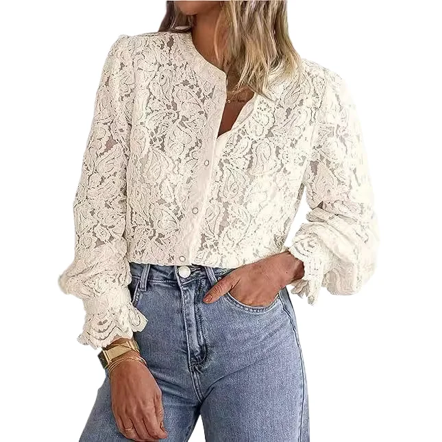

Spring Autumn Shirt Elegant Lady Commuting Top 2025 New Fashion Casual Long Sleeved Round Neck Lace Single Breasted Shirt Women