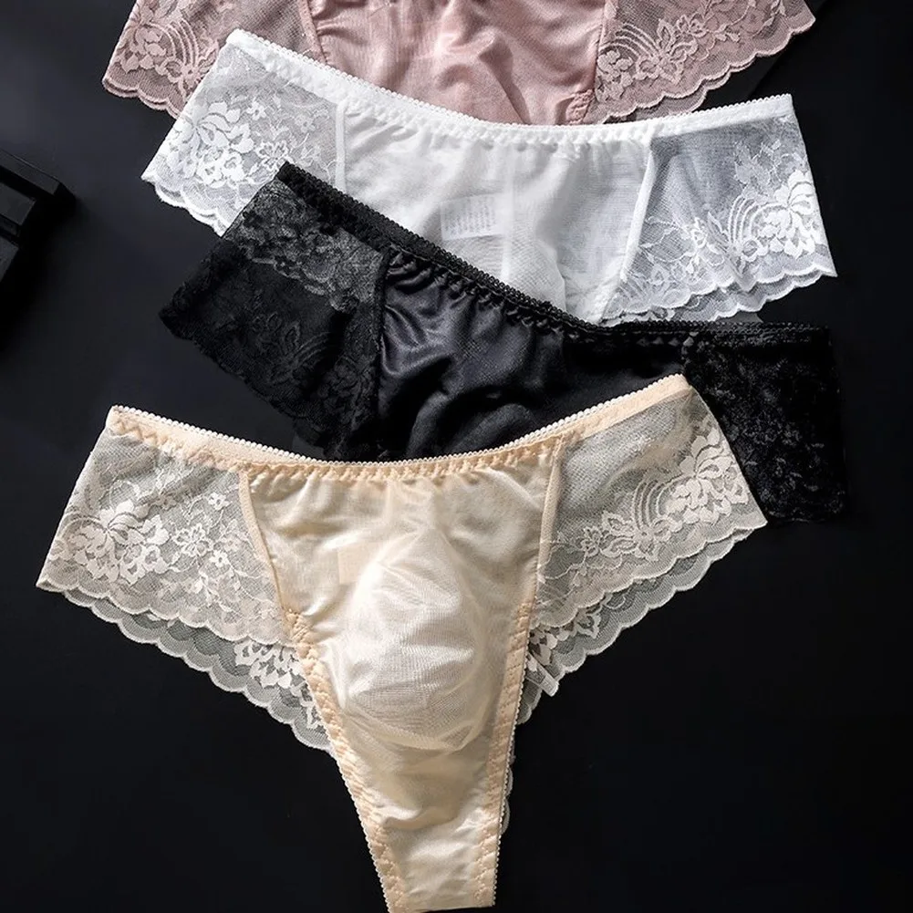 Men Sexy Lingerie Thin Lace G-String Low-waist Underwear U Pouch Sheer Mesh Thongs Sissy Briefs Quick Drying