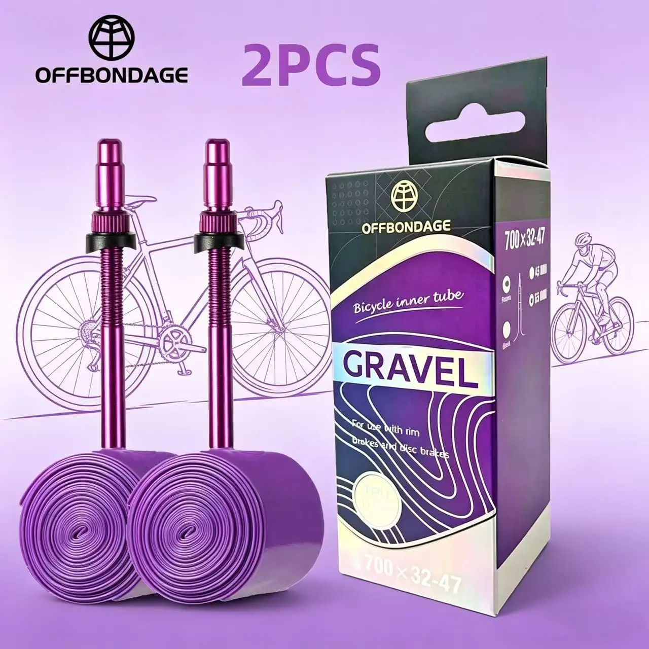 OFFBONDAGE 2 Stück Fahrrad-TPU-Schlauch für Gravel- und Rennräder, Ultraleicht 45g, Französisches Ventil 45/65mm, 700x32-47C, Fahrradzubehör