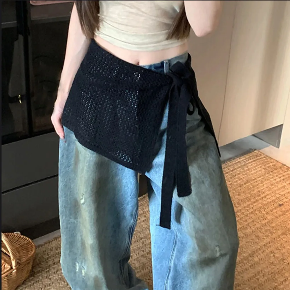 

Полая трикотажная юбка из полиэстера, прозрачная короткая юбка в стиле Харадзюку, уличная одежда Y2K, занавеска с высокой талией, аксессуары для танцев